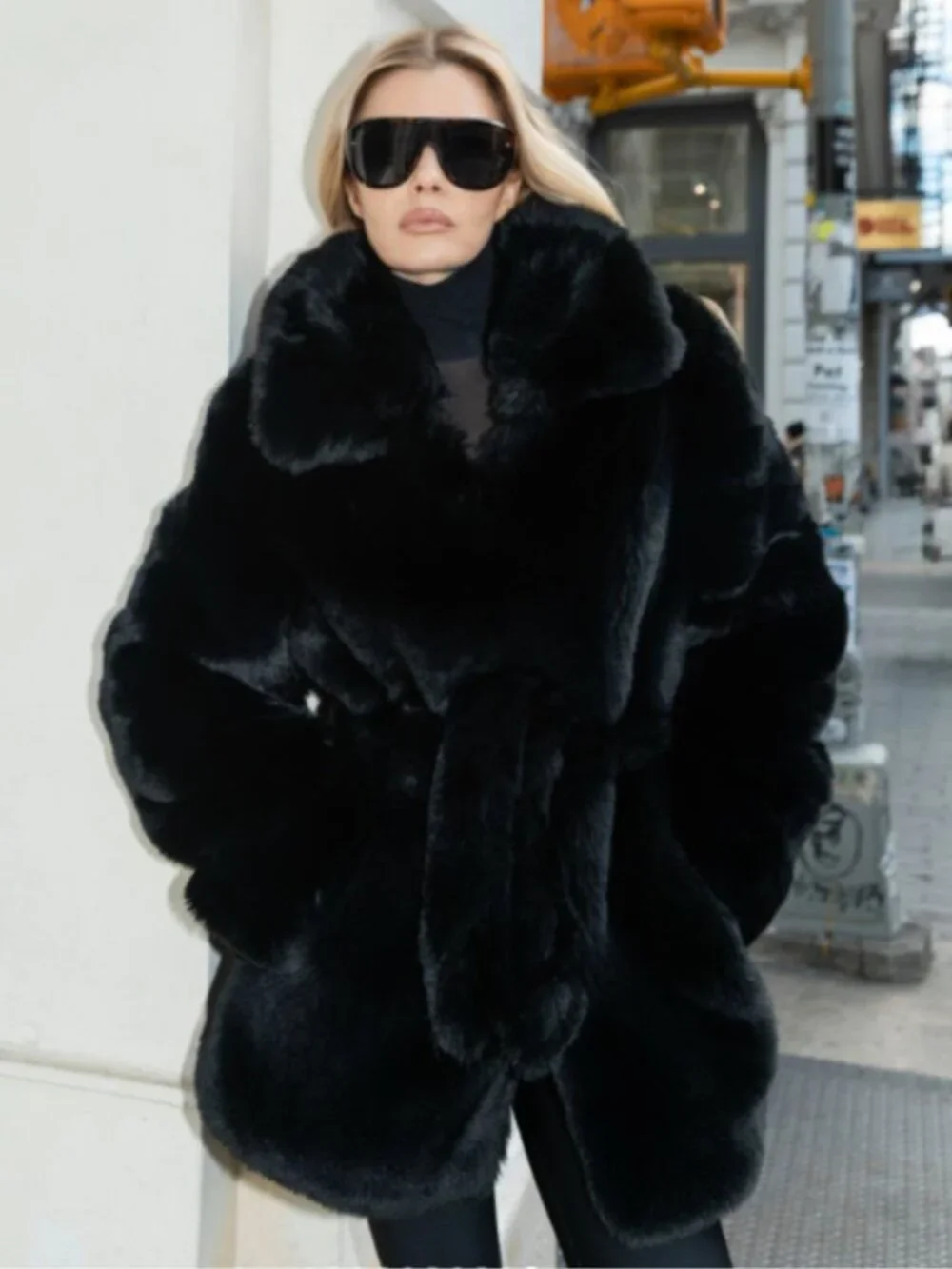 Alo‎ Yoga Starstruck Faux Fur Coat Black Belted Size S